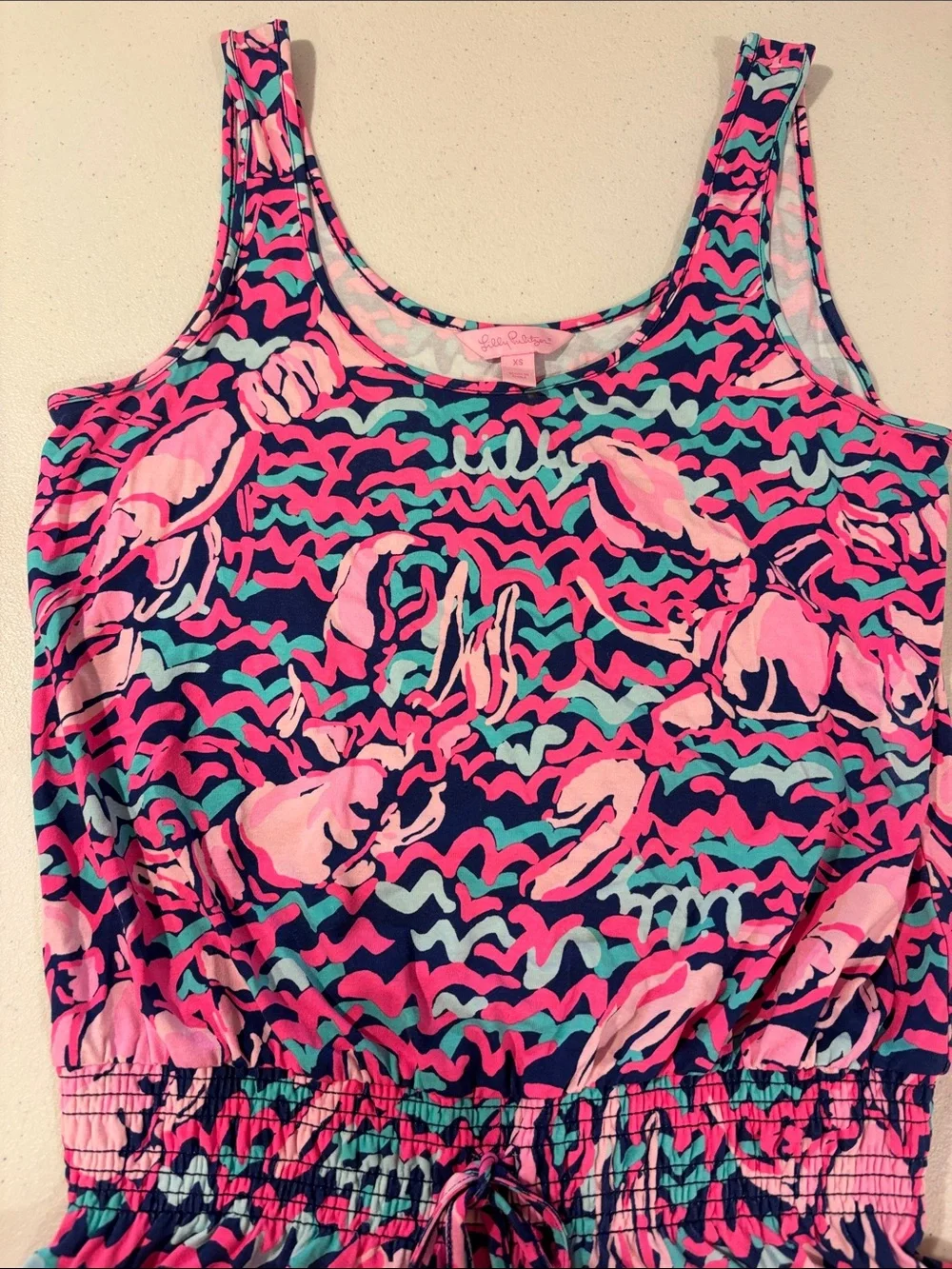 Lilly Pulitzer Navy Romper with Pink and Teal Print
